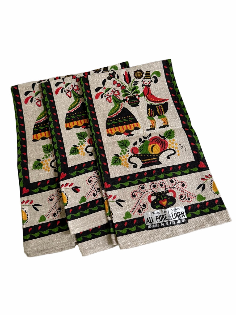 Set of 3 Vintage Parisian Prints PA Dutch Folk Art Pure Linen Tea Towels NWT NOS